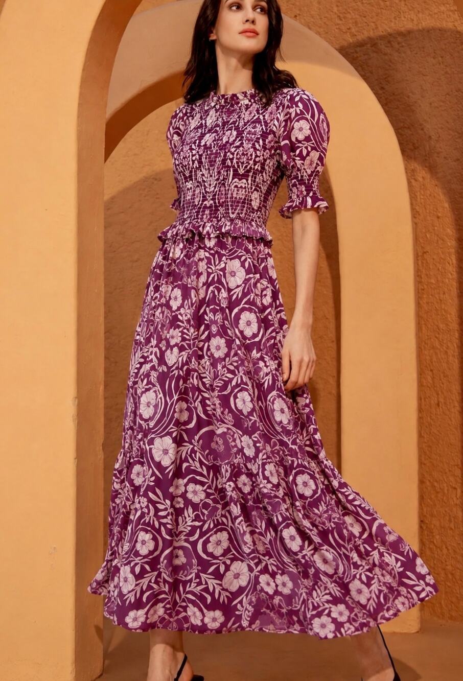 Beyond by Vera Smocked Klara Dress Poplin Cotton Purple & Cream Print Size Small